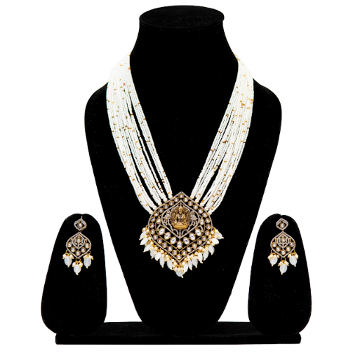 White Multi-Strand Temple Jewellery Set with Goddess Pendant
